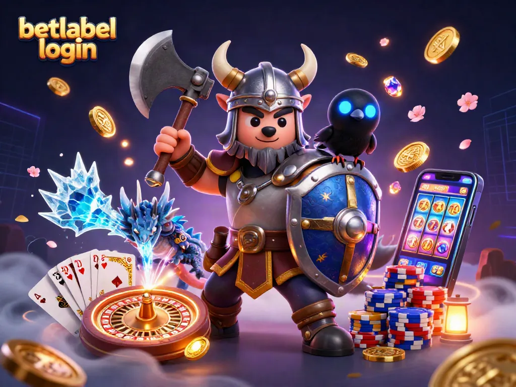 Log in to betlabel with a Viking wolf warrior and dragon in a vibrant casino scene.