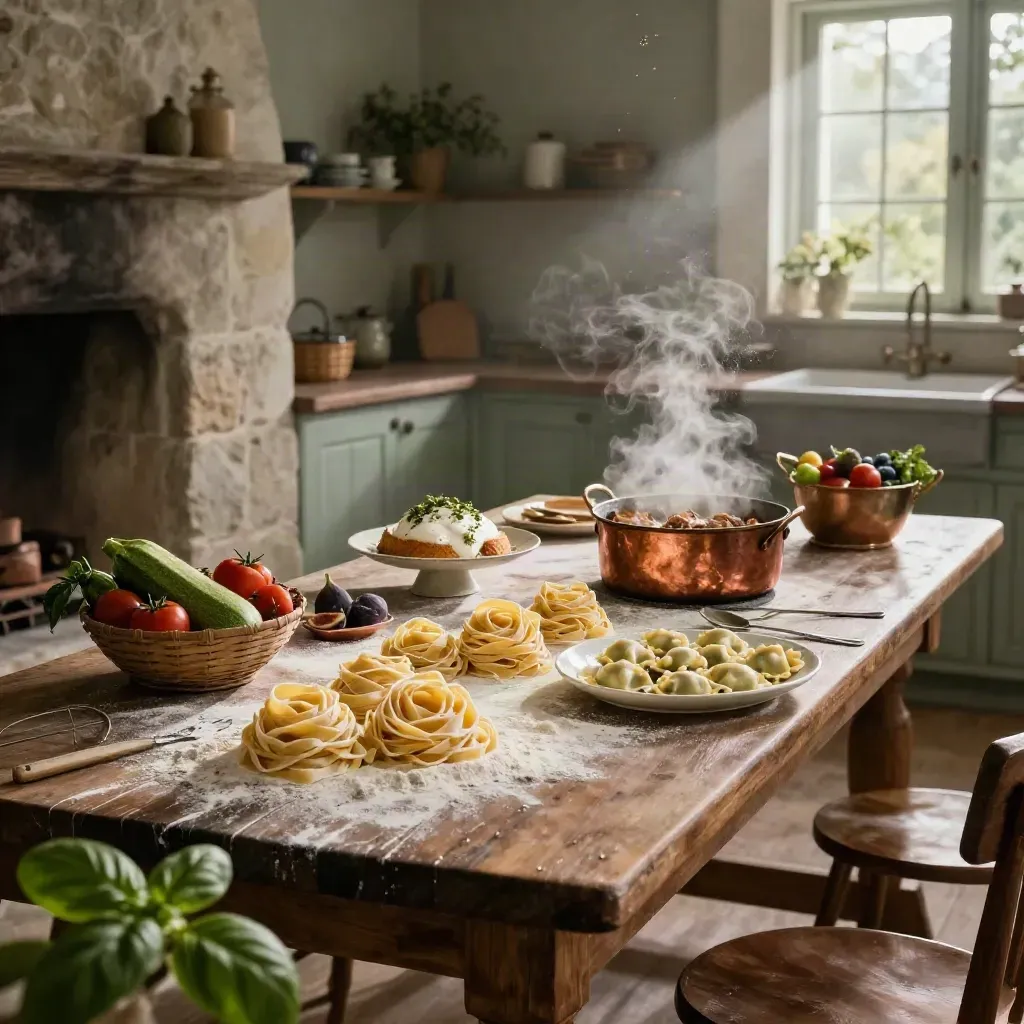 Tavola rustica con pasta fresca, ravioli, cocotte e torta di ricotta in cucina di pietra dopo il temporale.