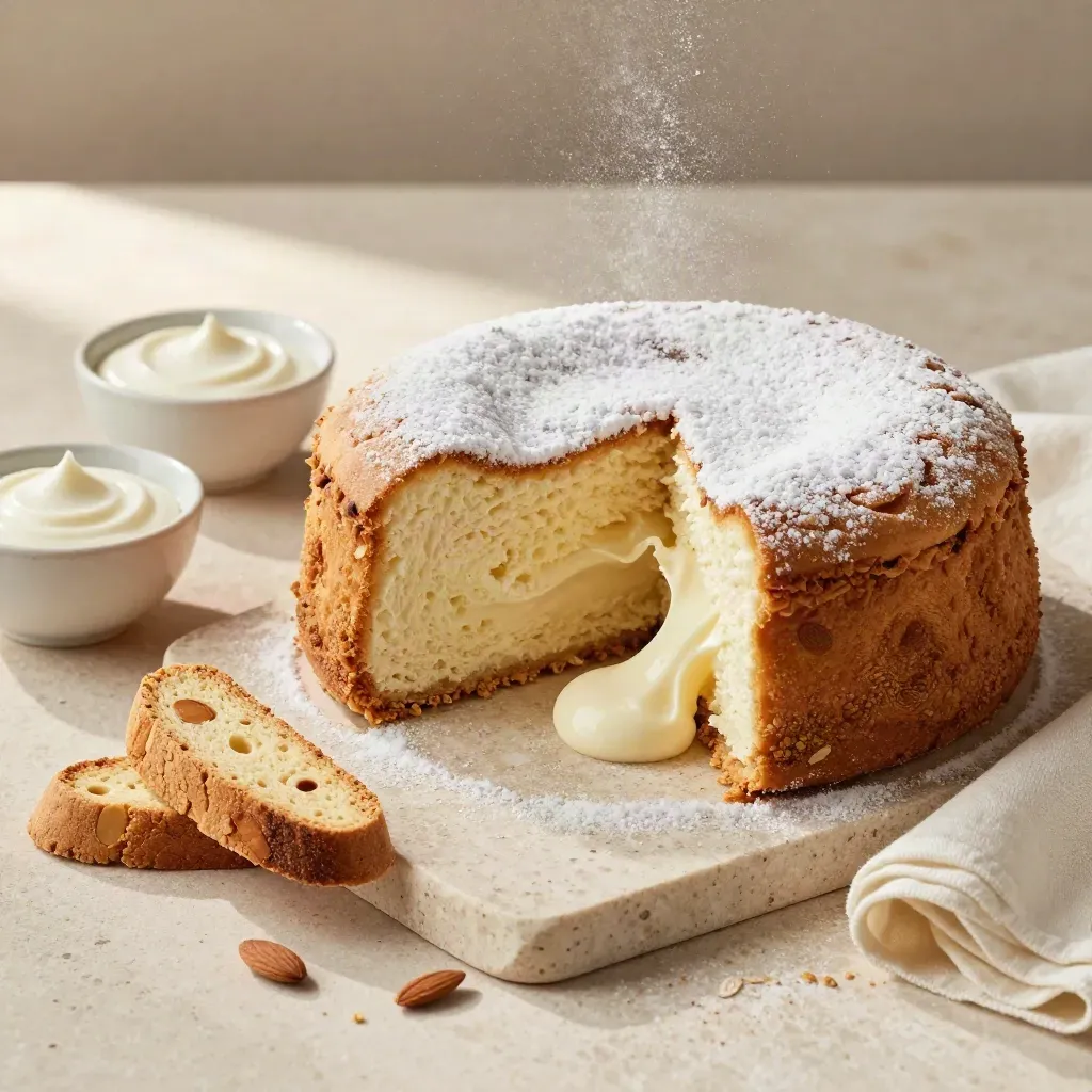 Torta rustica alla ricotta con biscotti alle mandorle e due ciotole di crema su pietra chiara