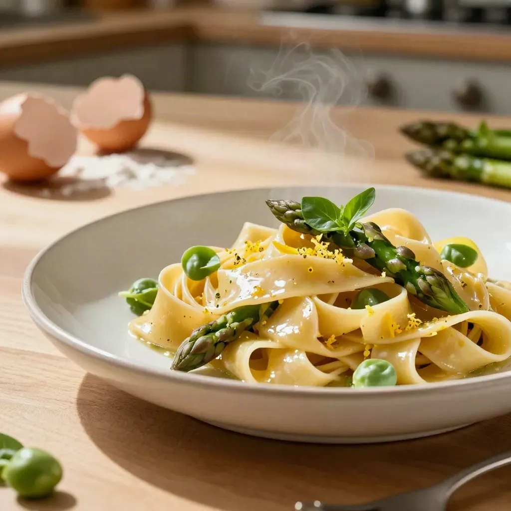 Tagliatelle di stagione con asparagi, piselli e limone su tavolo di legno chiaro