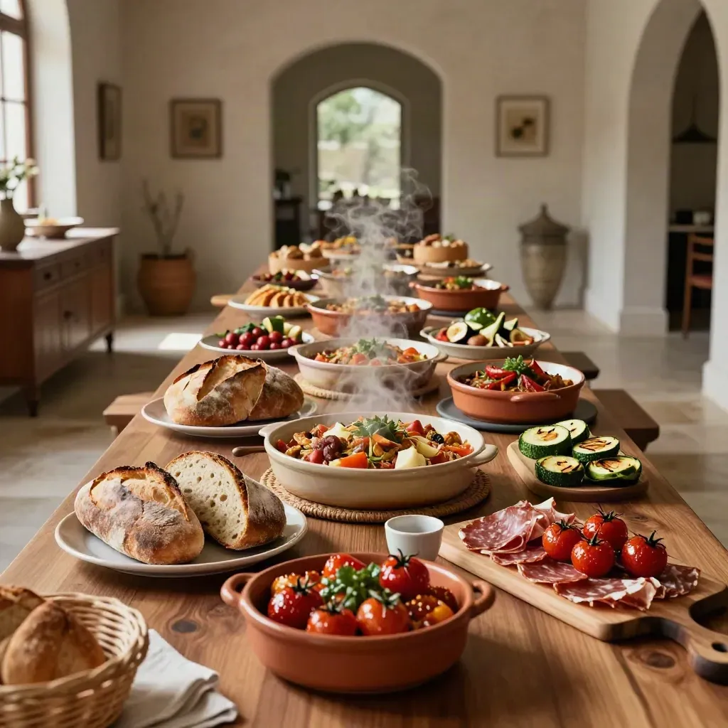 Buffet domestico con teglie di ceramica, pane rustico, salumi e verdure grigliate in sala ampia.