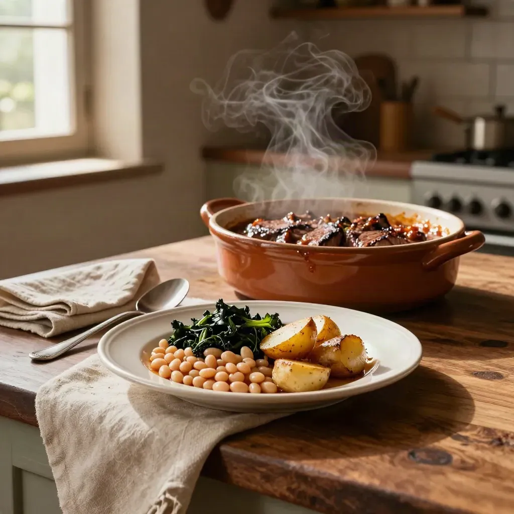 Brasato in cocotte di coccio con cannellini, cavolo nero e patate arrosto, ancora fumante.