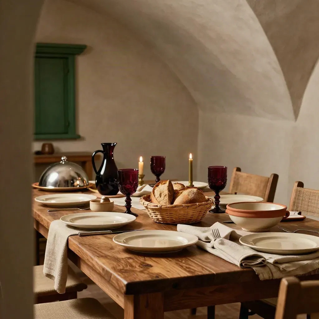 Tavola privata rustica apparecchiata con piatti, pane, vino e candele in una sala calda.