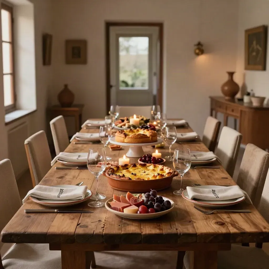Tavola toscana di compleanno apparecchiata con antipasti, primo, torta rustica e candele spente