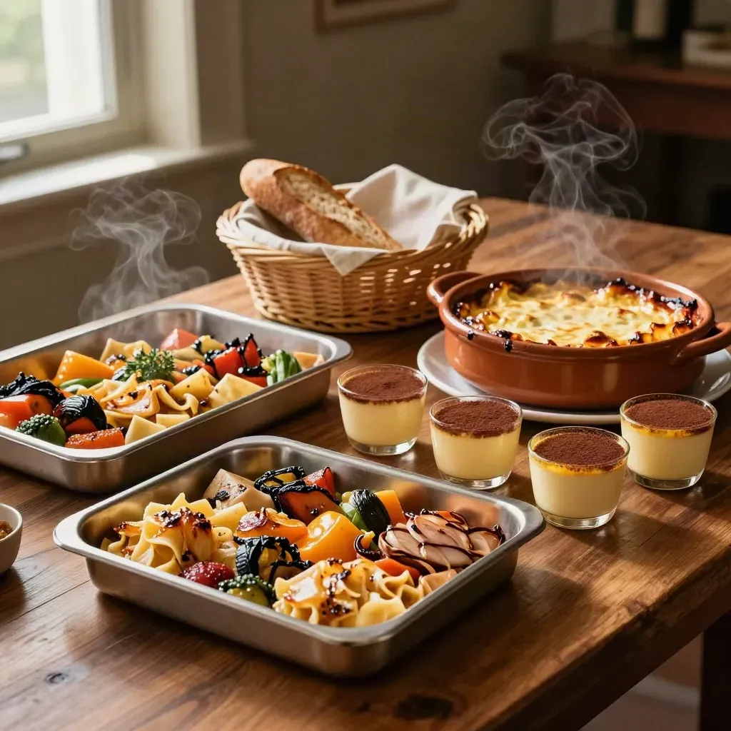 Buffet caldo con lasagna, tre vassoi salati, pane e dessert pronti al servizio.