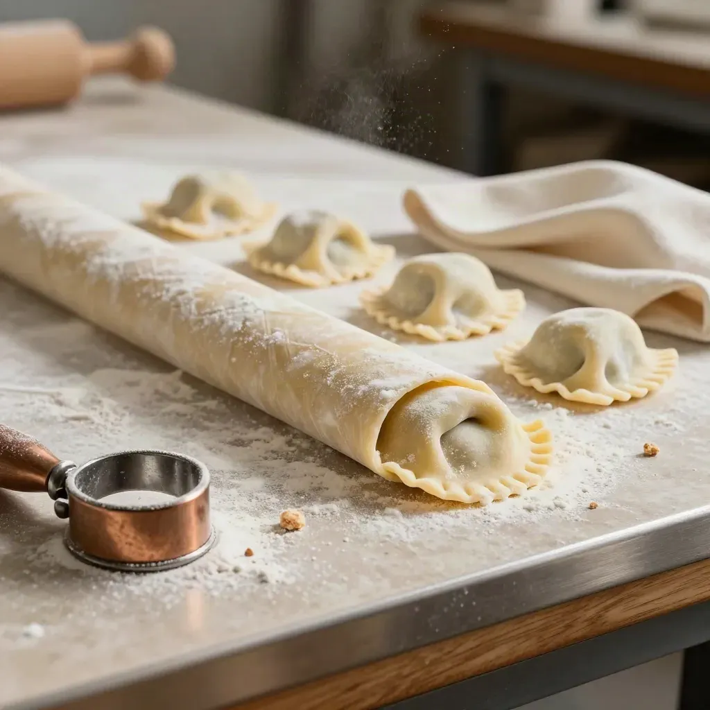 Banco di laboratorio con sfoglia, ravioli chiusi, tagliapasta e semola dopo una lezione di pasta fresca.