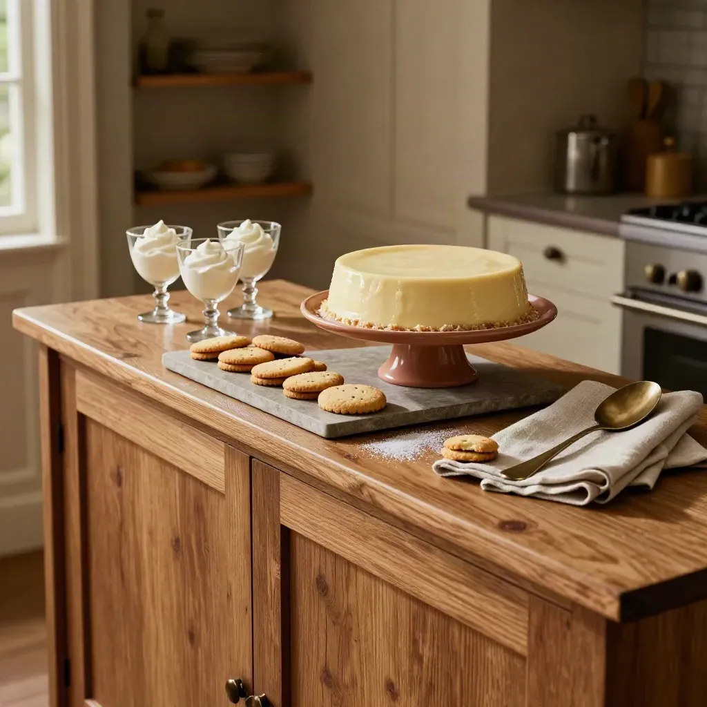 Torta alla crema, biscotti e coppe dessert su credenza domestica, luce calda e atmosfera soffusa.