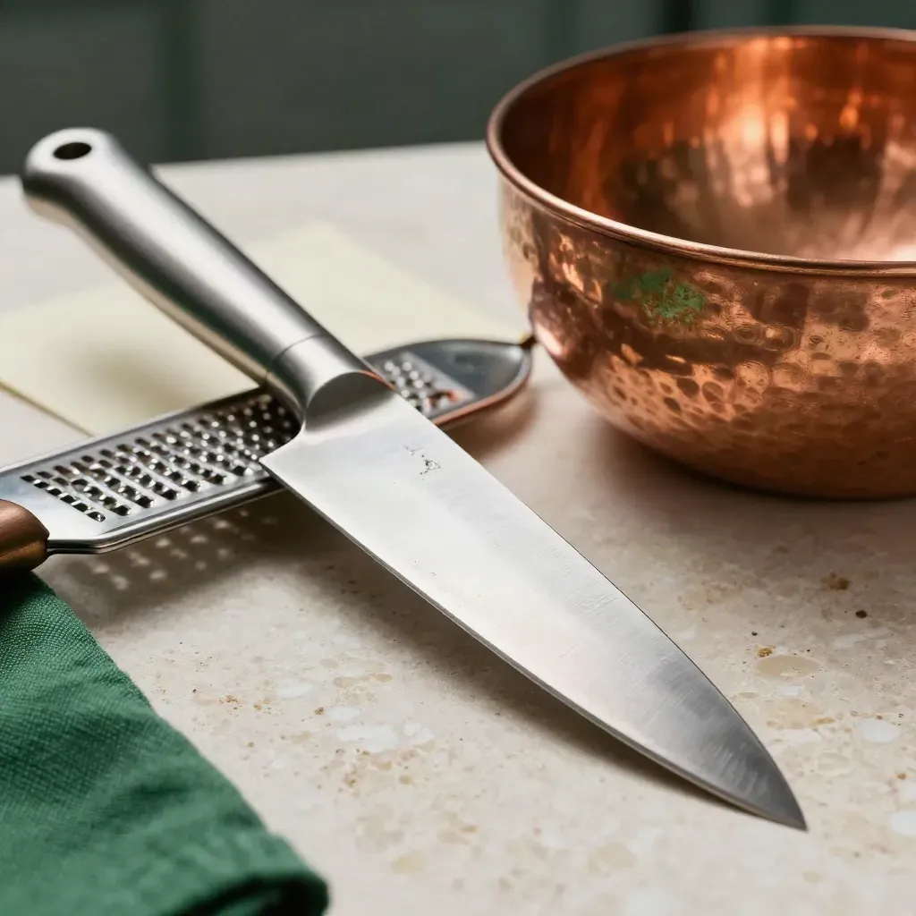 Coltello brunito, coppa di rame e microplane su travertino chiaro, con luce radente.