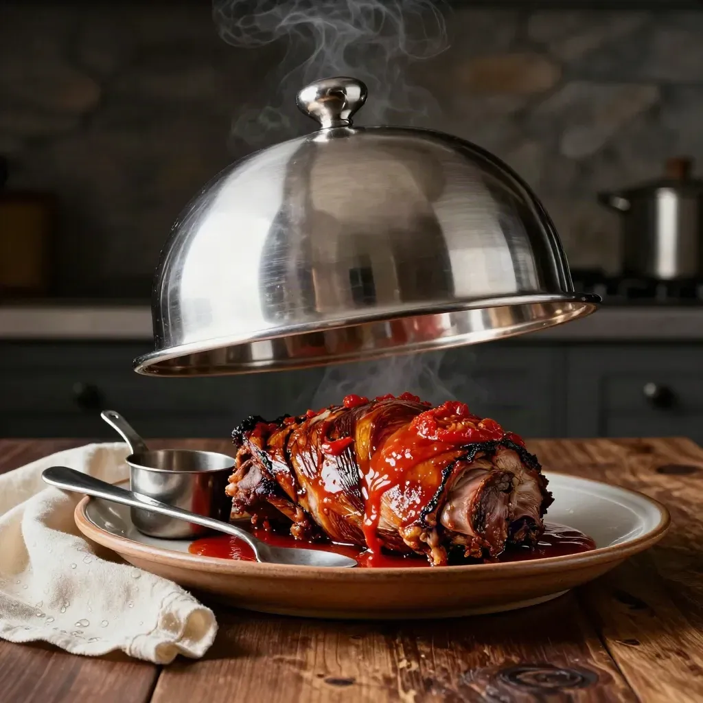 Cloche d’acciaio aperta su arrosto regionale fumante con cucchiaio e piatto caldo