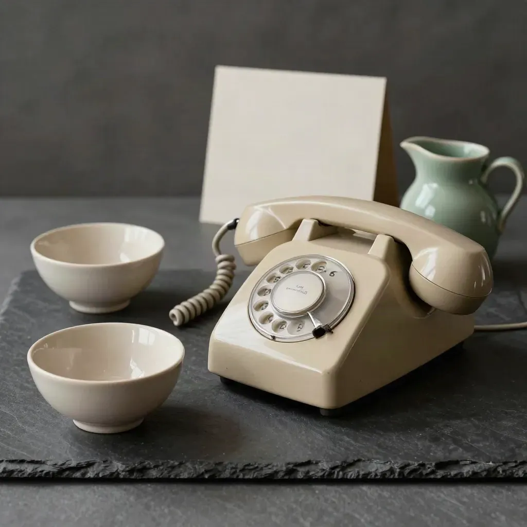 Telefono vintage, ciotoline vuote e brocca in ceramica su pietra scura, luce laterale.