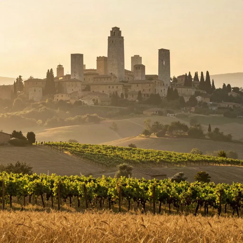 San Gimignano all’alba tra vigneti e cipressi, con la collina nella foschia dorata.