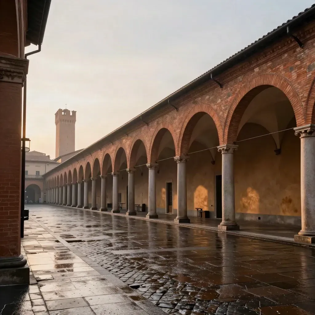 Portici di Bologna bagnati dalla pioggia, con una torre lontana e luce calda del pomeriggio.