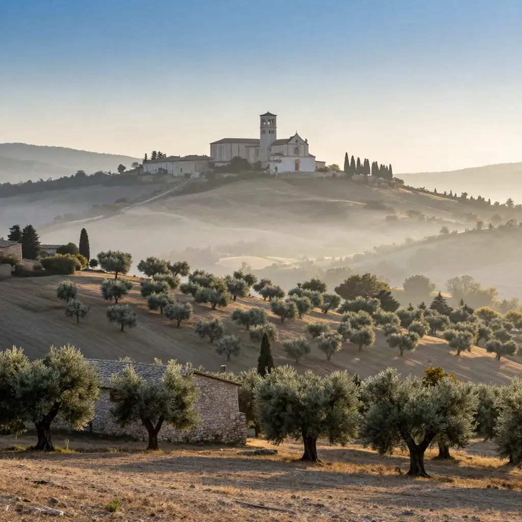 Assisi vista dagli uliveti umbri, basilica in collina tra nebbia bassa e luce dell’alba.